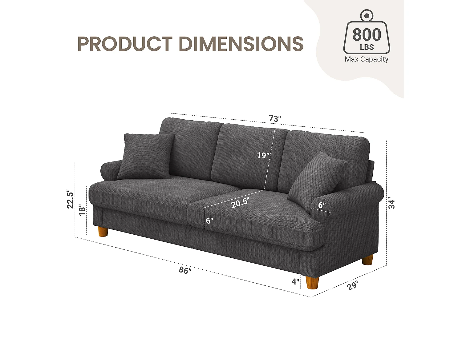 3-zits slaapbank, Chenille-stof, met armleuningen, kussens en 2 kussens, Max. belasting 300 kg - 220x76x86 cm