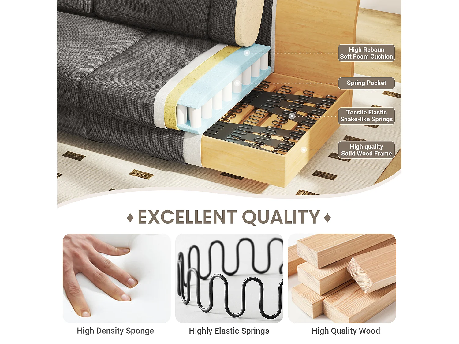 Canapé confort 3 places, Tissu en Chenille, avec accoudoirs,coussins et 2 oreillers, Charge max 365 kg - 220x76x86 cm