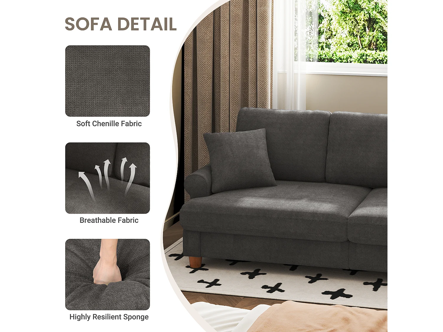 Canapé confort 3 places, Tissu en Chenille, avec accoudoirs,coussins et 2 oreillers, Charge max 365 kg - 220x76x86 cm