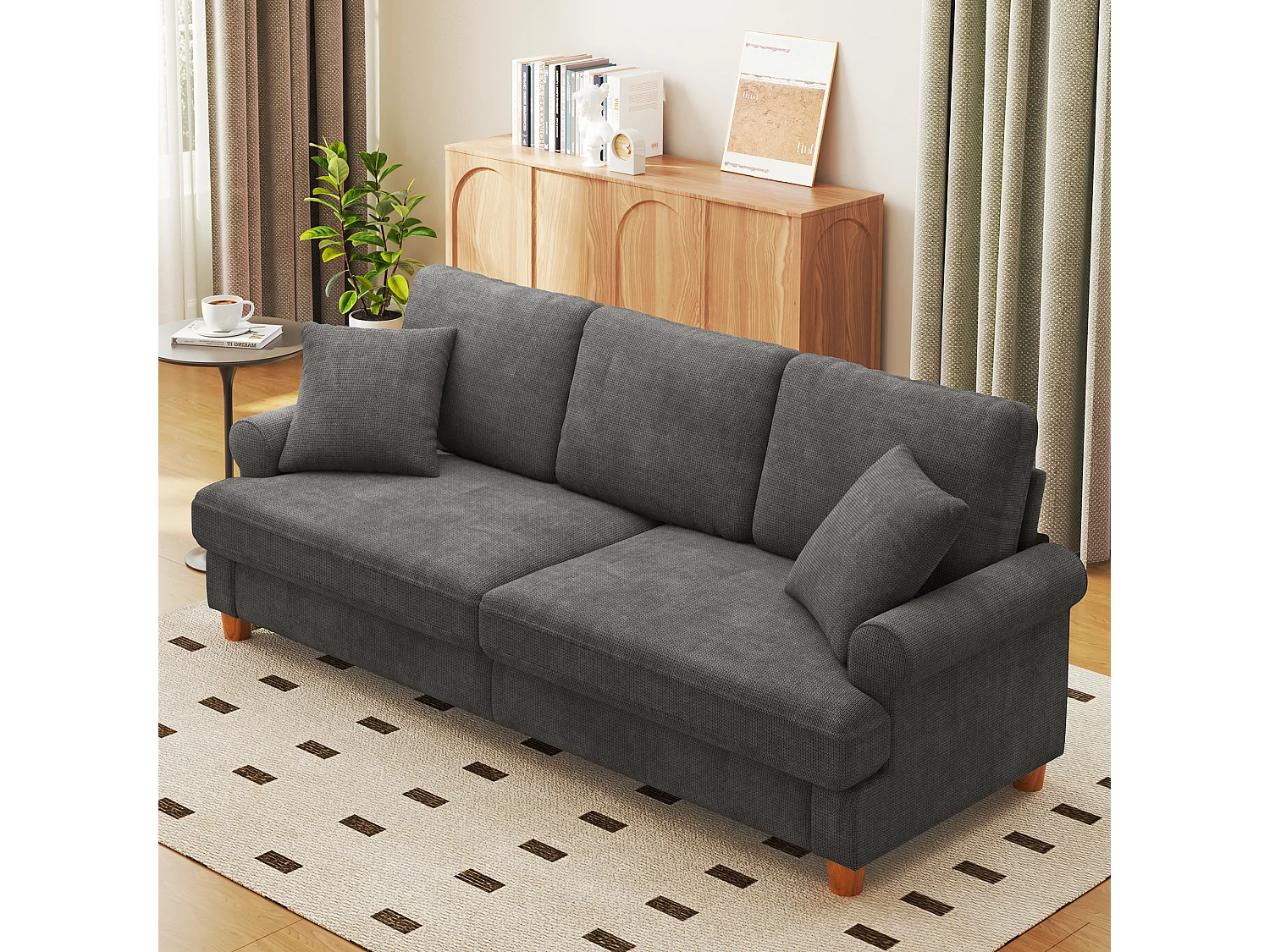 Canapé confort 3 places, Tissu en Chenille, avec accoudoirs,coussins et 2 oreillers, Charge max 365 kg - 220x76x86 cm