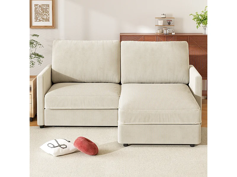 Canapé d'angle 2 places - angle droit / gauche réversible - 180x140x86cm - en Tissu Velours côtelé - Charge max 300kg - Beige