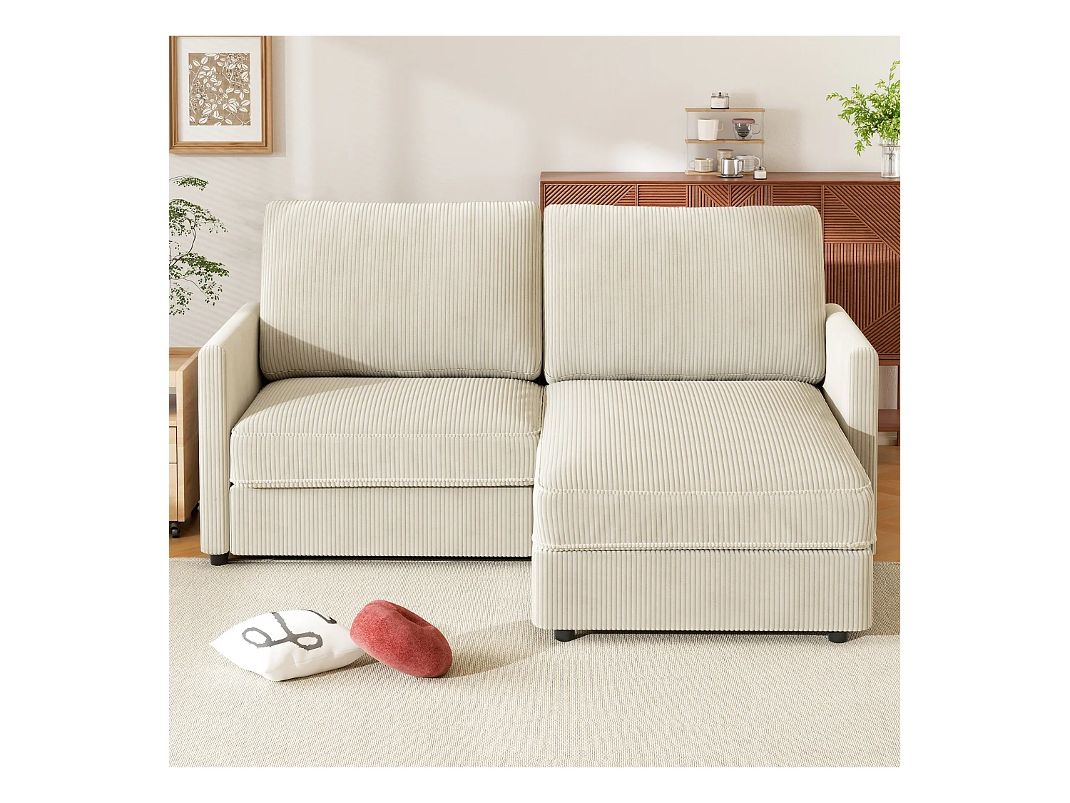 Canapé d'angle 2 places - angle droit / gauche réversible - 180x140x86cm - en Tissu Velours côtelé - Charge max 300kg - Beige