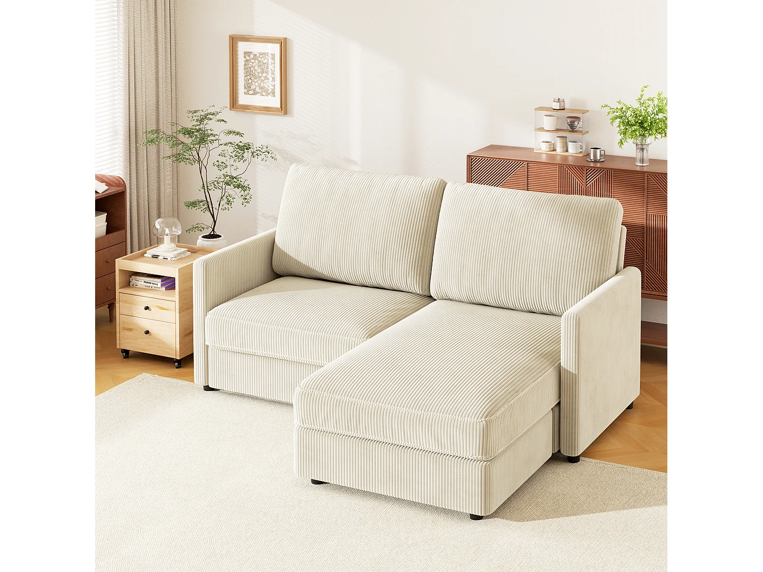 Canapé d'angle 2 places - angle droit / gauche réversible - 180x140x86cm - en Tissu Velours côtelé - Charge max 300kg - Beige