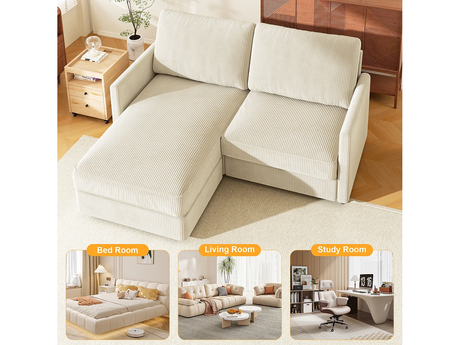 Canapé d'angle 2 places - angle droit / gauche réversible - 180x140x86cm - en Tissu Velours côtelé - Charge max 300kg - Beige