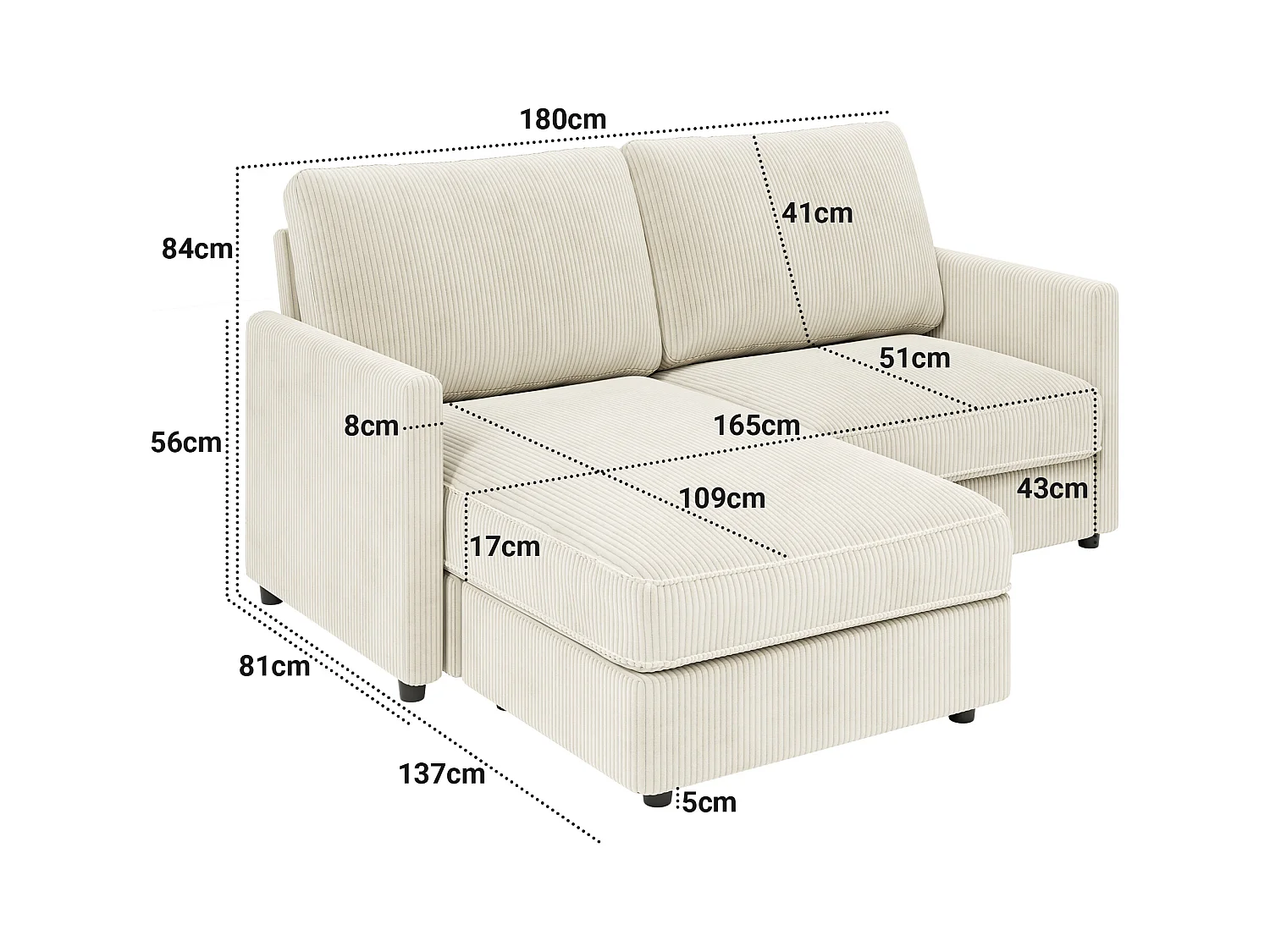 Canapé d'angle 2 places - angle droit / gauche réversible - 180x140x86cm - en Tissu Velours côtelé - Charge max 300kg - Beige