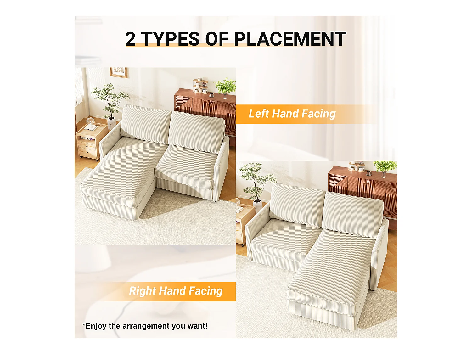 Canapé d'angle 2 places - angle droit / gauche réversible - 180x140x86cm - en Tissu Velours côtelé - Charge max 300kg - Beige