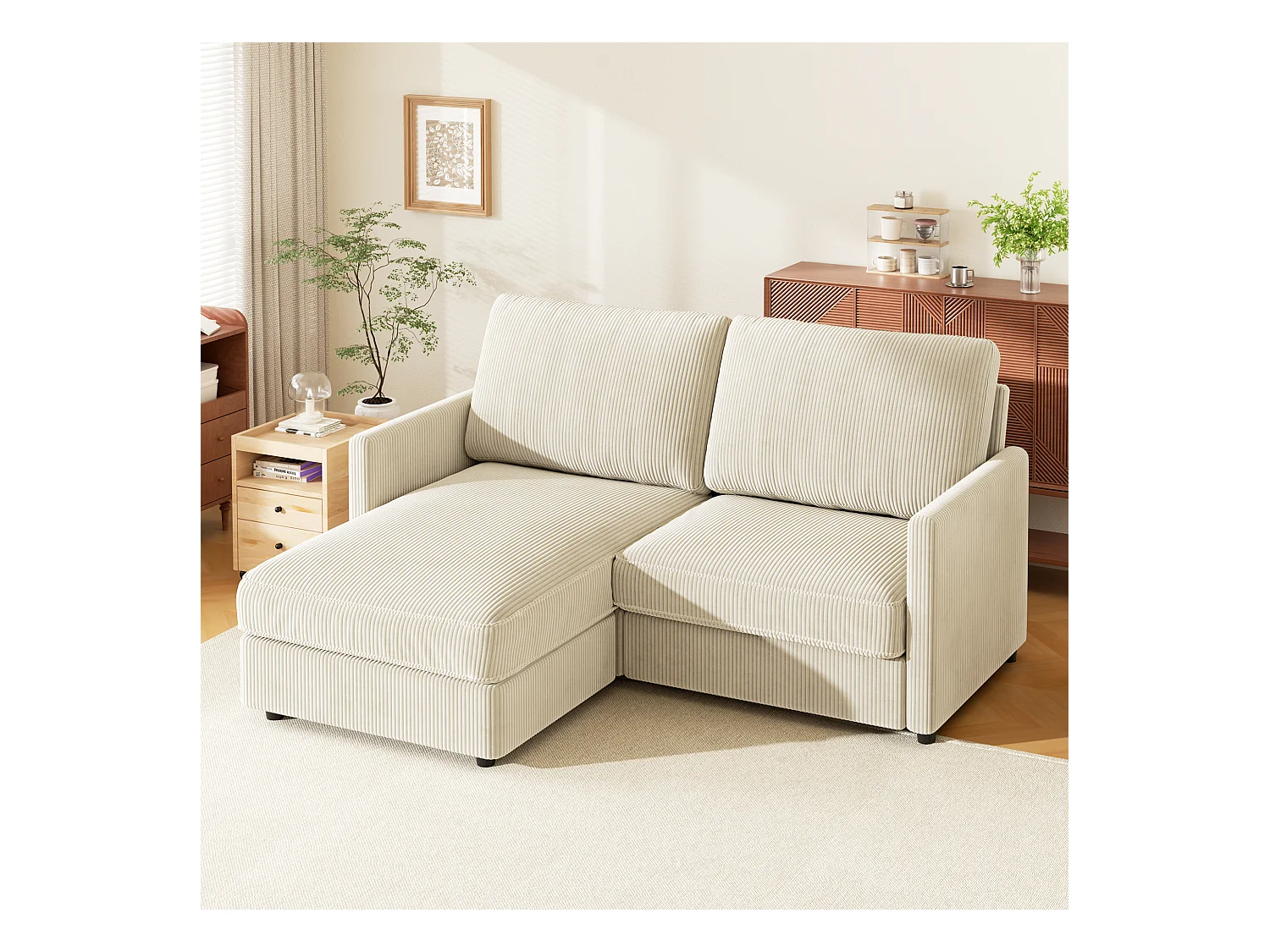 2 -Seer Ecksofa - Reversible Right / Linkswinkel - 180 x 140 x 86 cm - in geripptem Samtstoff - max. 300 kg Last - Beige
