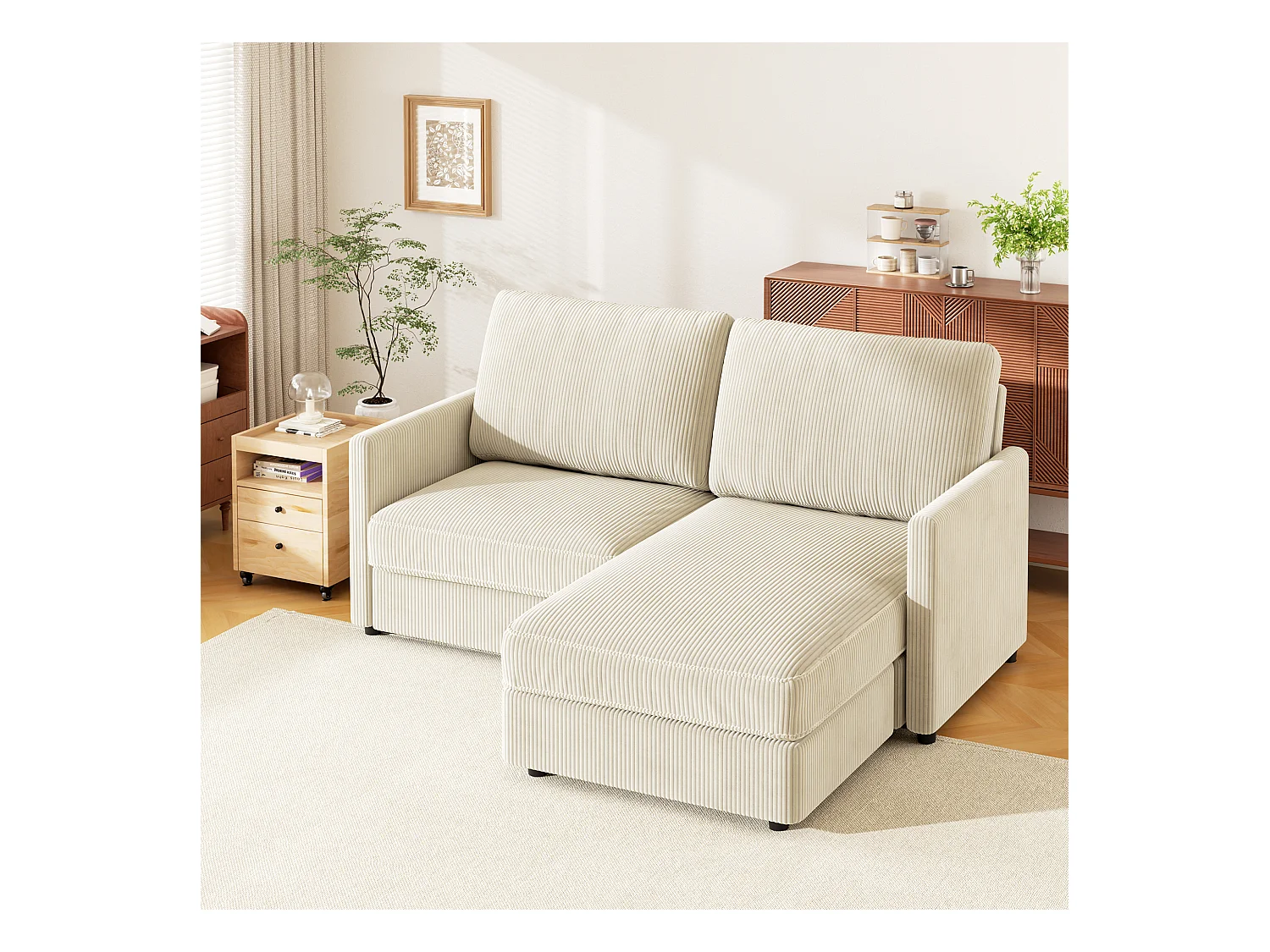 2 -Seer Ecksofa - Reversible Right / Linkswinkel - 180 x 140 x 86 cm - in geripptem Samtstoff - max. 300 kg Last - Beige