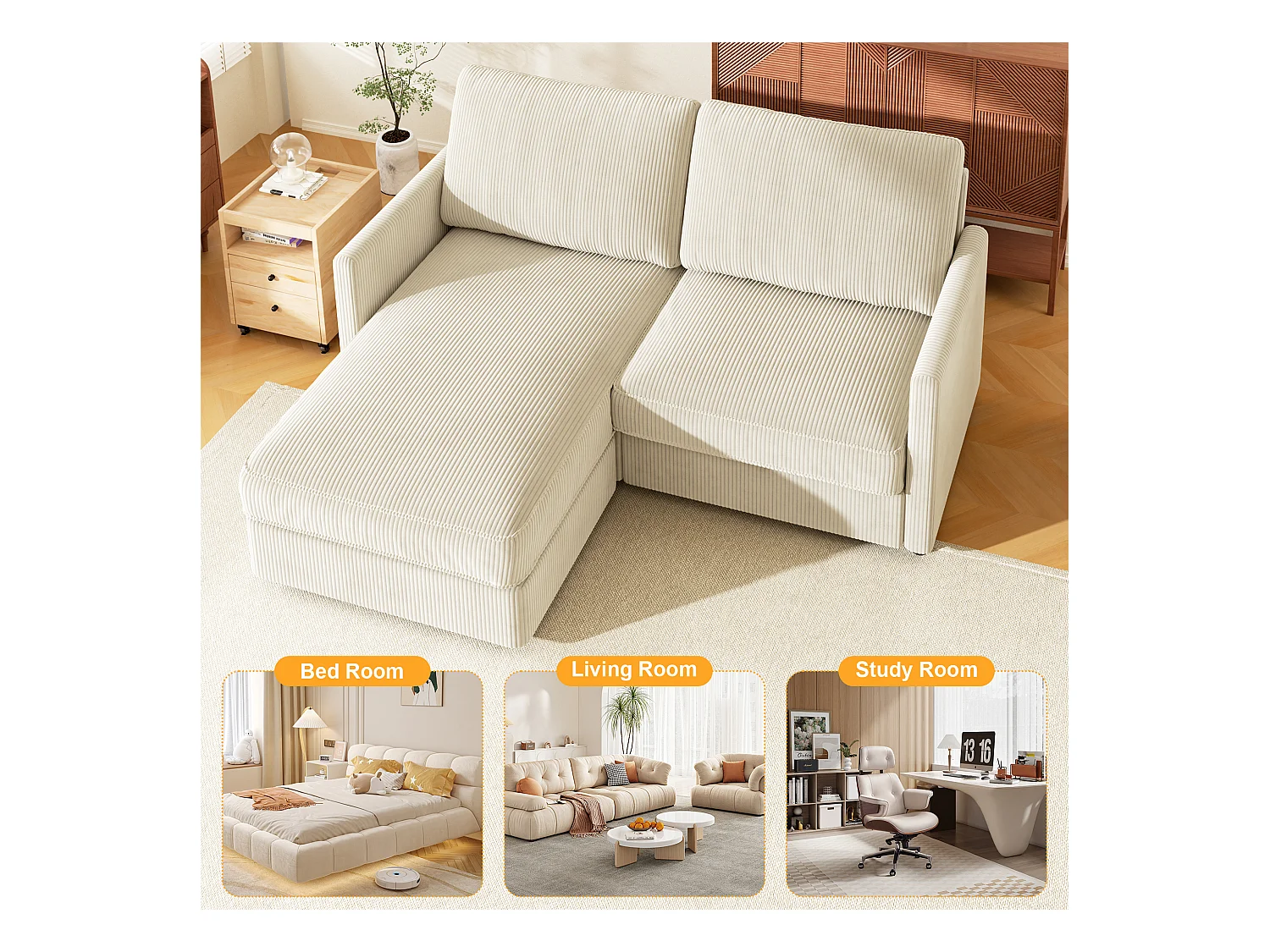 2 -Seer Ecksofa - Reversible Right / Linkswinkel - 180 x 140 x 86 cm - in geripptem Samtstoff - max. 300 kg Last - Beige