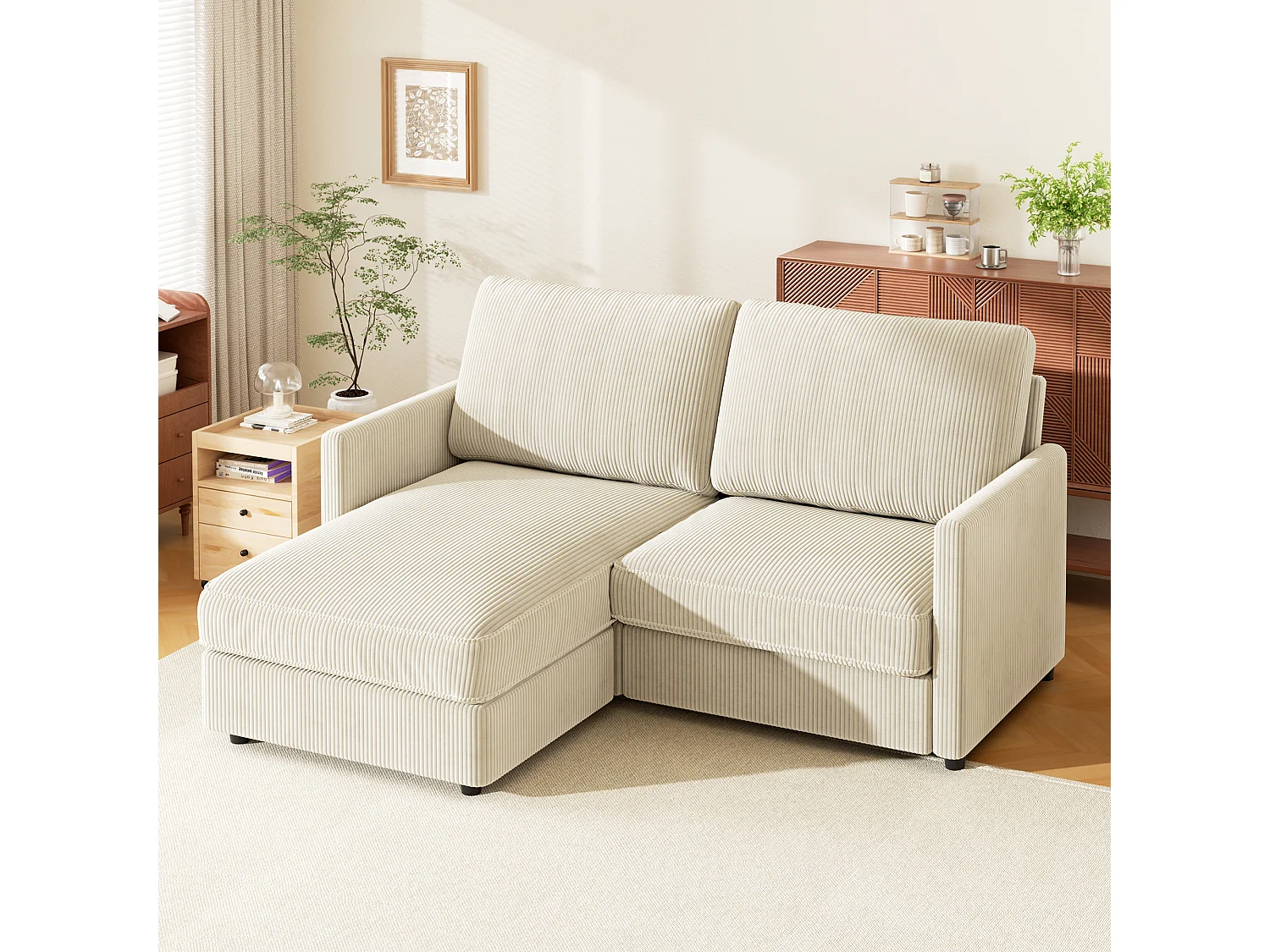 Canapé d'angle 2 places - angle droit / gauche réversible - 180x140x86cm - en Tissu Velours côtelé - Charge max 300kg - Beige