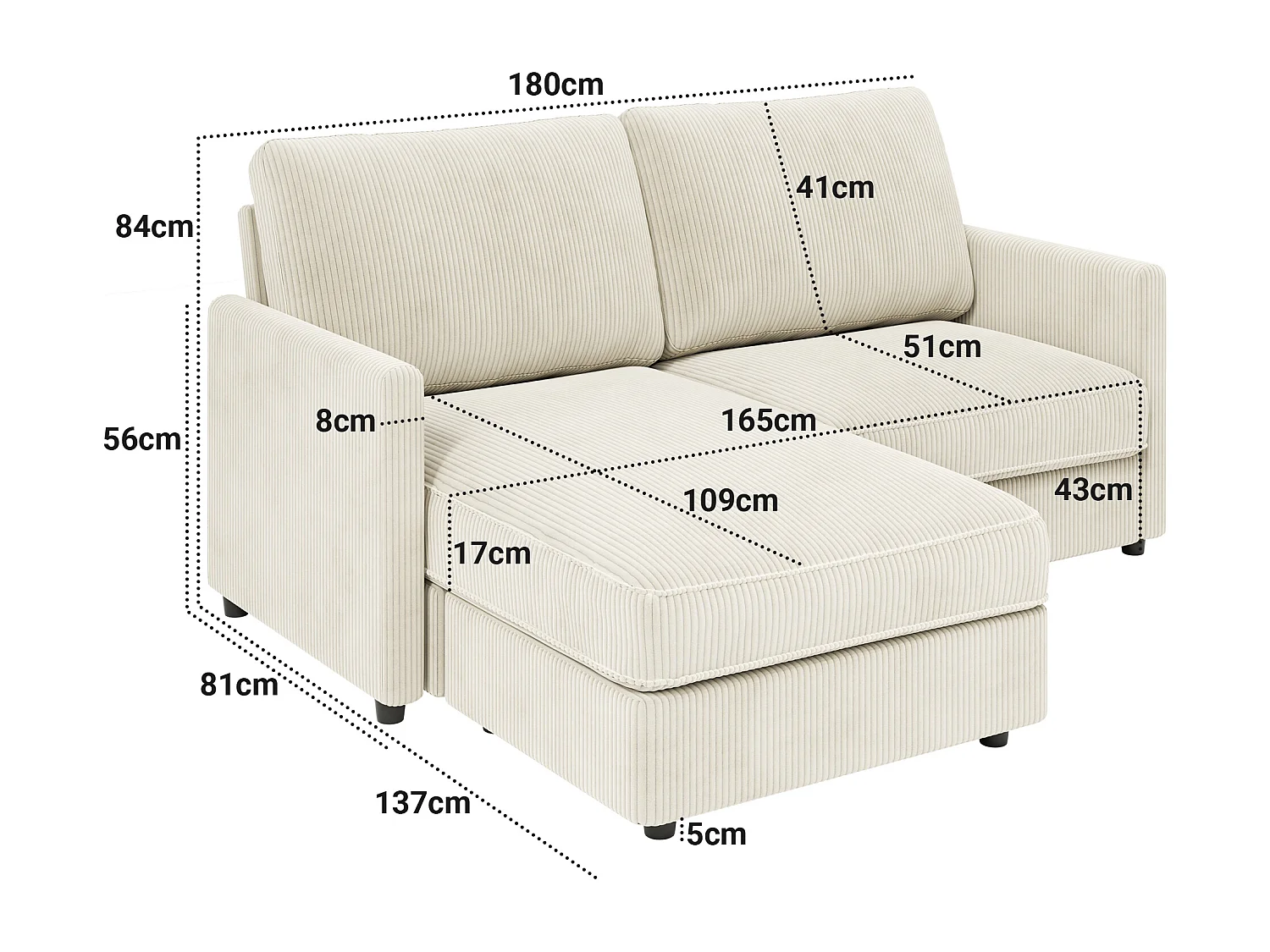Canapé d'angle 2 places - angle droit / gauche réversible - 180x140x86cm - en Tissu Velours côtelé - Charge max 300kg - Beige