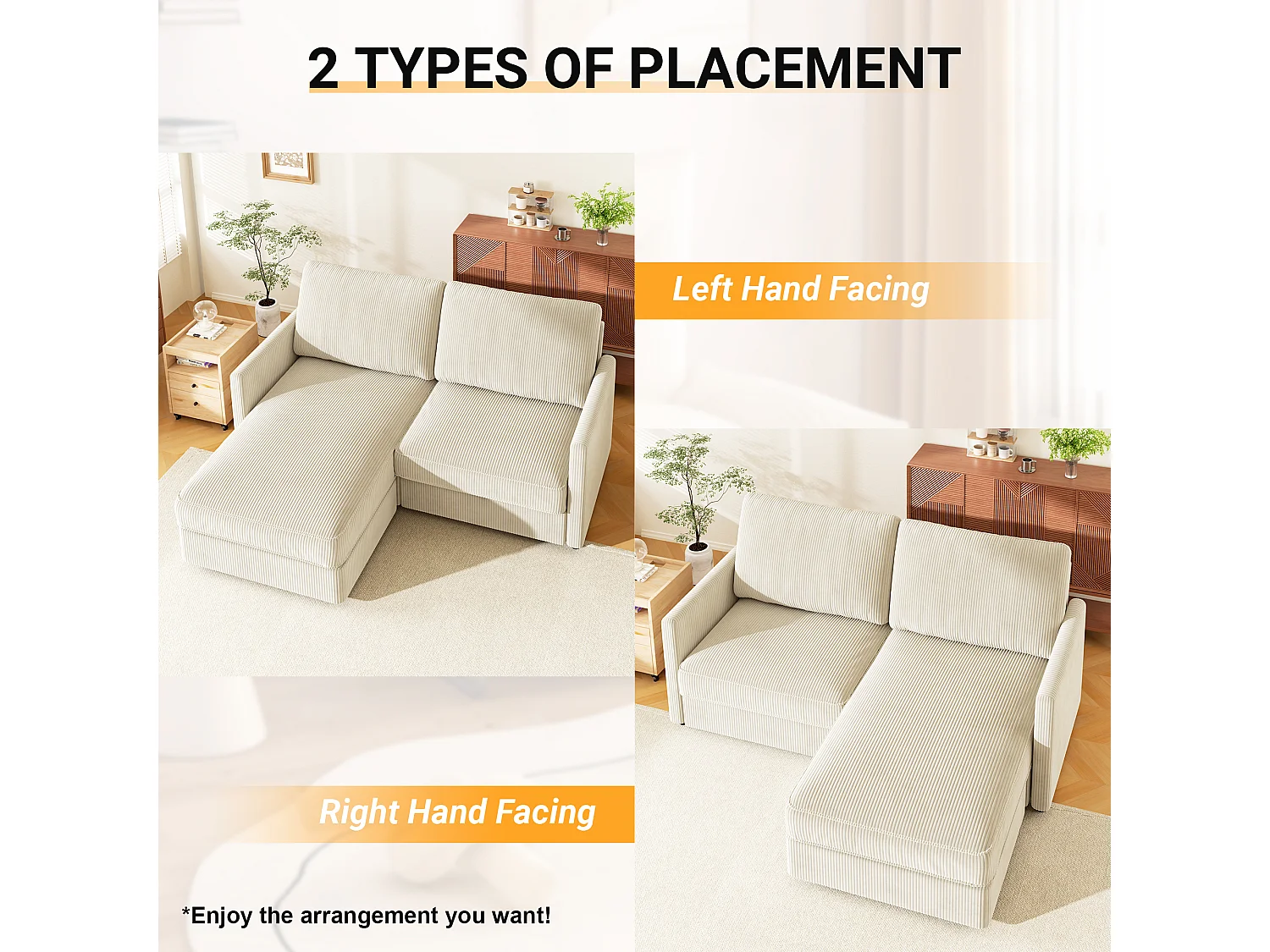 Canapé d'angle 2 places - angle droit / gauche réversible - 180x140x86cm - en Tissu Velours côtelé - Charge max 300kg - Beige