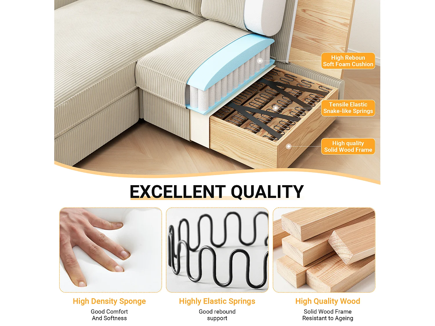 Canapé d'angle 2 places - angle droit / gauche réversible - 180x140x86cm - en Tissu Velours côtelé - Charge max 300kg - Beige