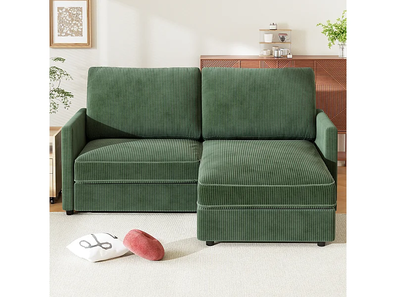 Canapé d'angle 2 places - angle droit / gauche réversible - 180x140x86cm - en Tissu Velours côtelé - Charge max 300kg - Vert