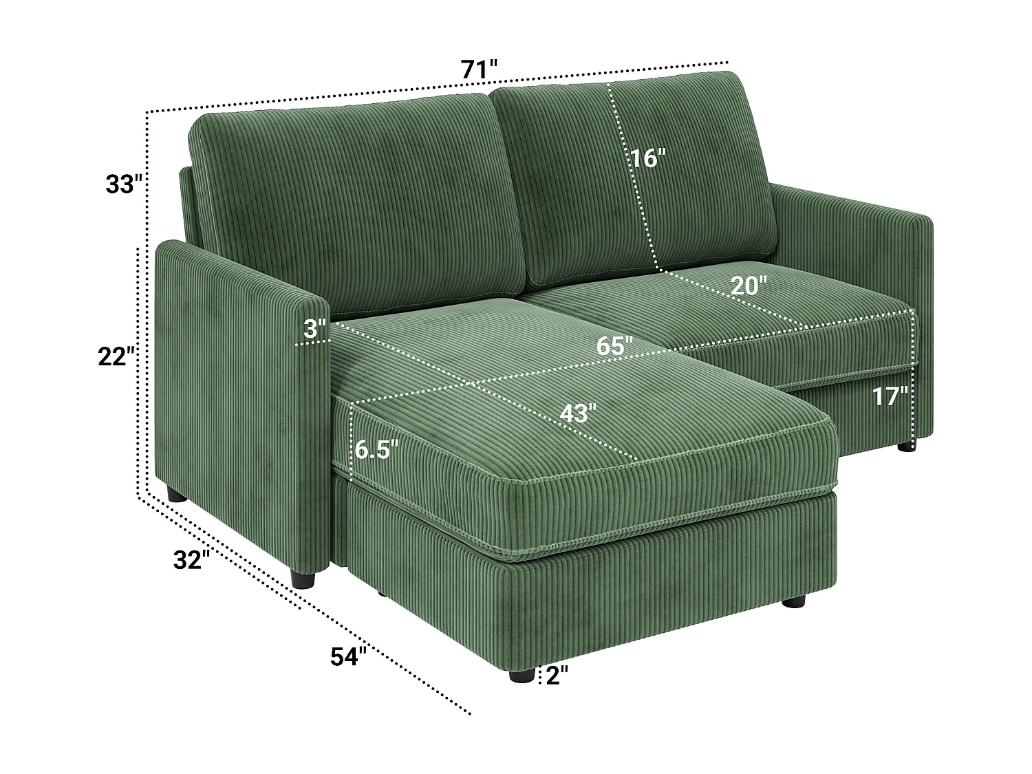 Divano angolare 2 posti - Angolo reversibile a destra / sinistra - 180x140x86cm - in tessuto in velluto a coste - carico massimo da 300 kg - verde