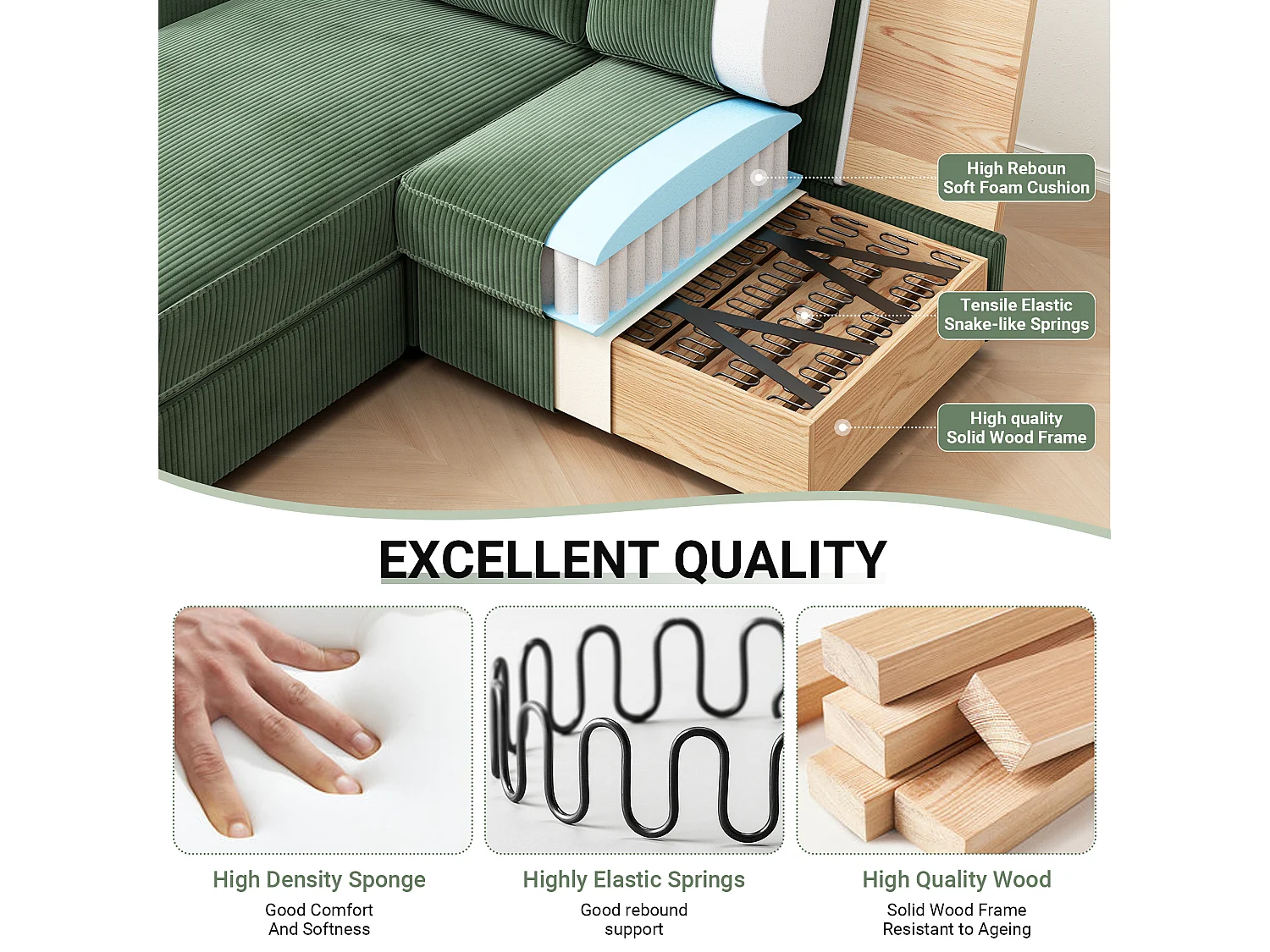 Divano angolare 2 posti - Angolo reversibile a destra / sinistra - 180x140x86cm - in tessuto in velluto a coste - carico massimo da 300 kg - verde