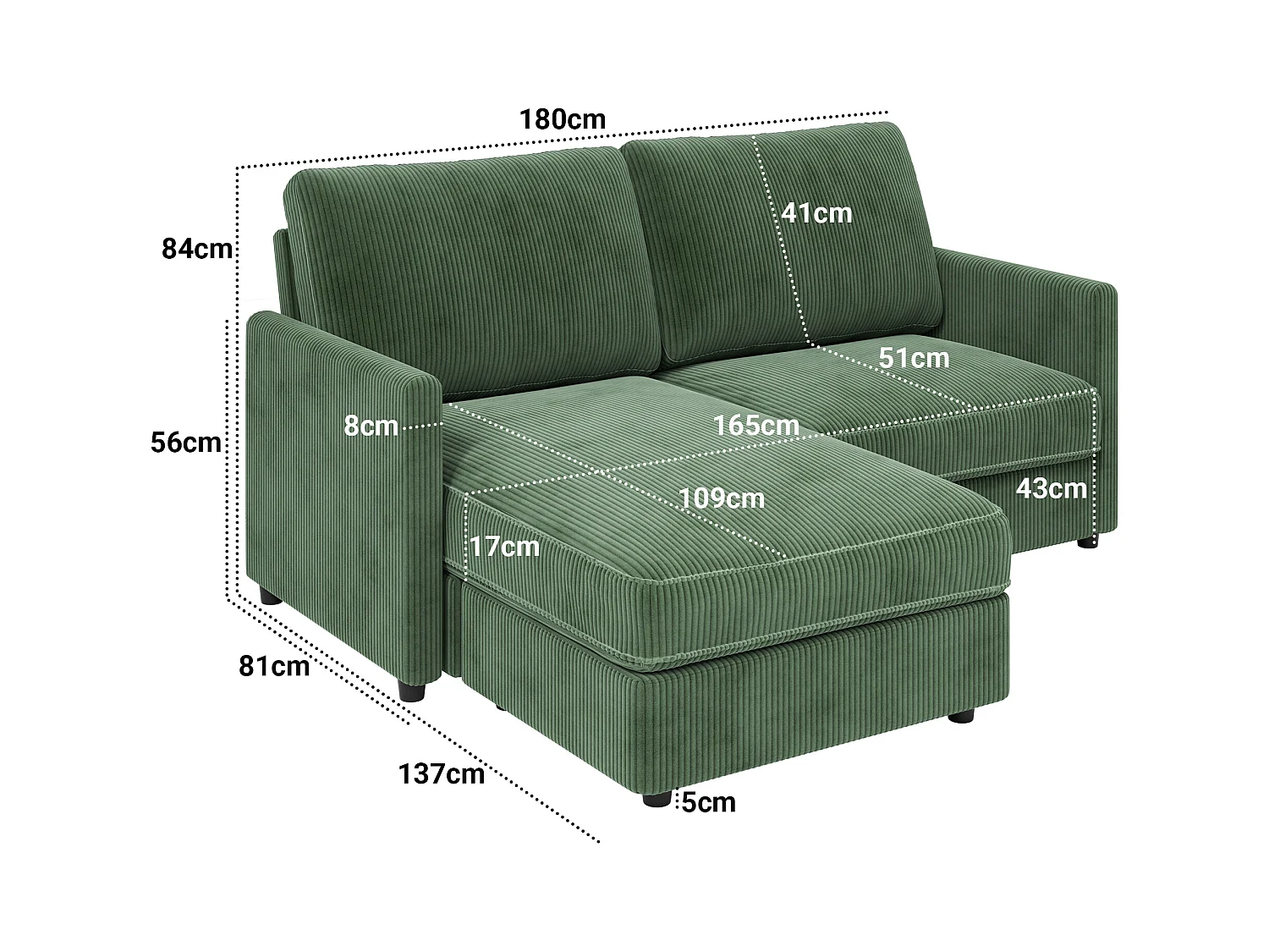 2 -Seer Ecksofa - Reversible Right / Linkswinkel - 180 x 140 x 86 cm - in geripptem Samtstoff - max. 300 kg Last - Grün