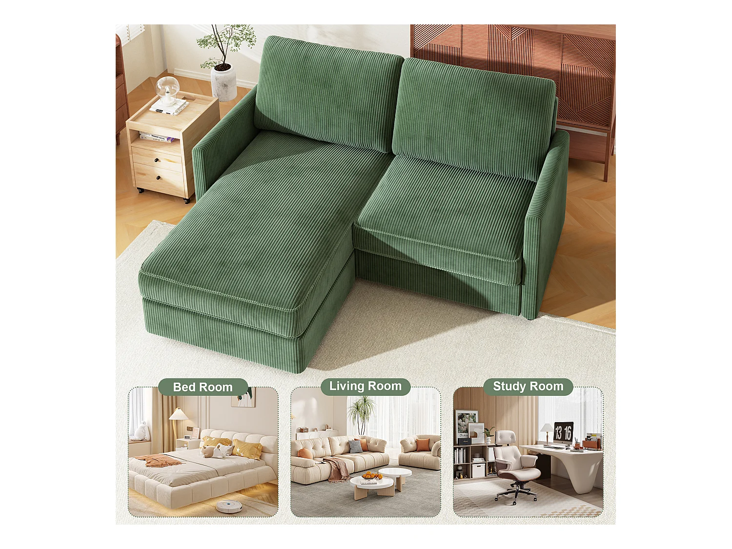 2 -Seer Ecksofa - Reversible Right / Linkswinkel - 180 x 140 x 86 cm - in geripptem Samtstoff - max. 300 kg Last - Grün