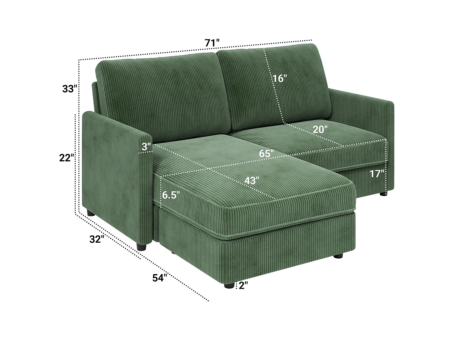 2 -Seer Ecksofa - Reversible Right / Linkswinkel - 180 x 140 x 86 cm - in geripptem Samtstoff - max. 300 kg Last - Grün