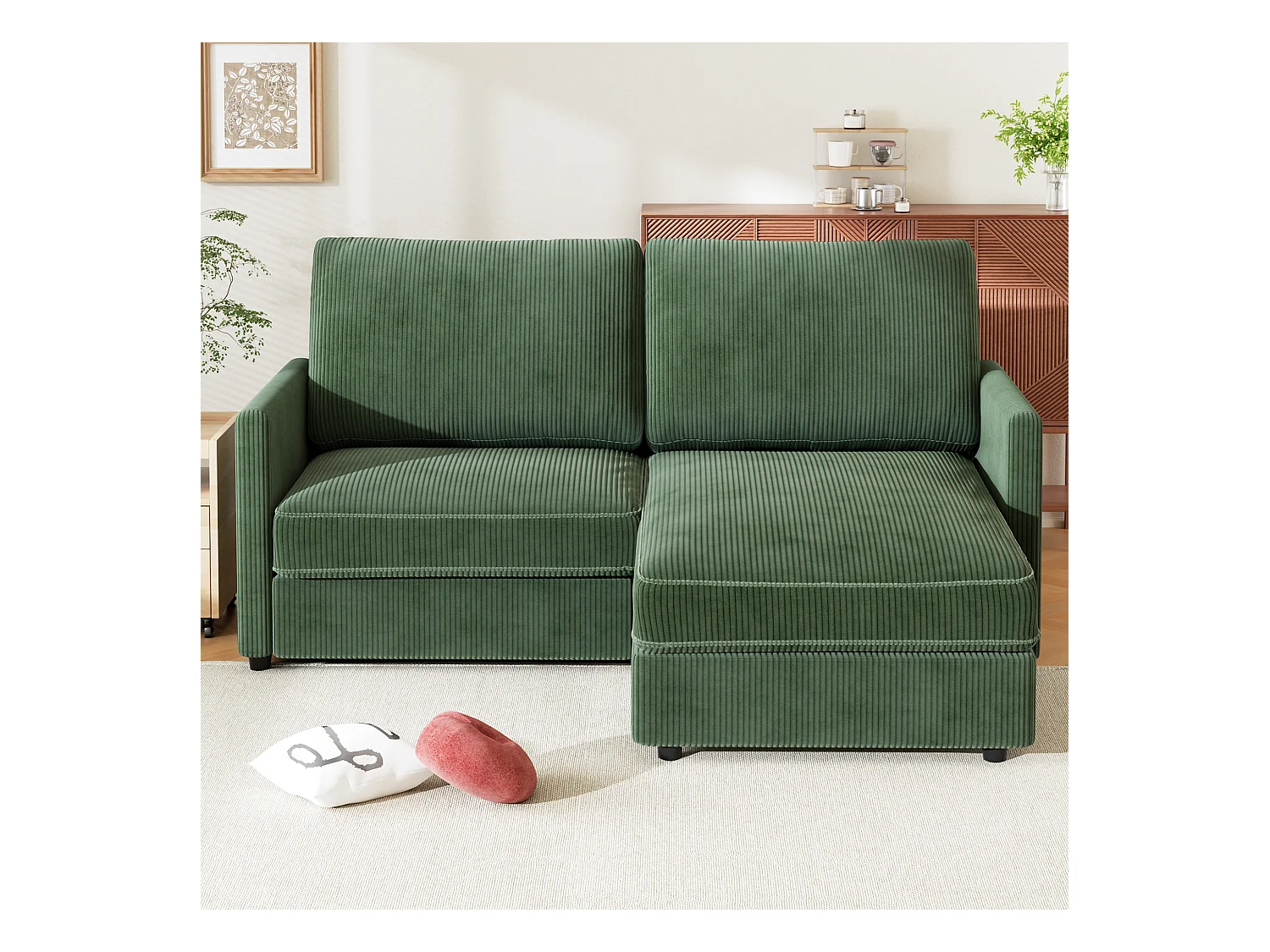 2 -Seer Ecksofa - Reversible Right / Linkswinkel - 180 x 140 x 86 cm - in geripptem Samtstoff - max. 300 kg Last - Grün