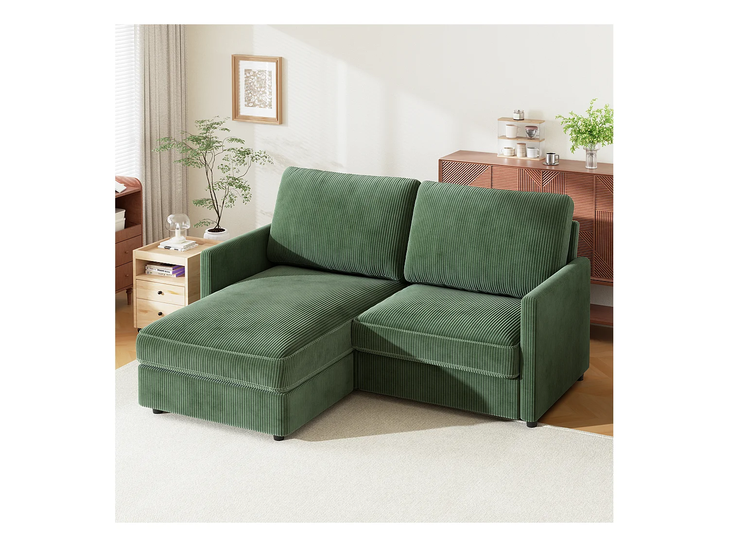 2 -Seer Ecksofa - Reversible Right / Linkswinkel - 180 x 140 x 86 cm - in geripptem Samtstoff - max. 300 kg Last - Grün