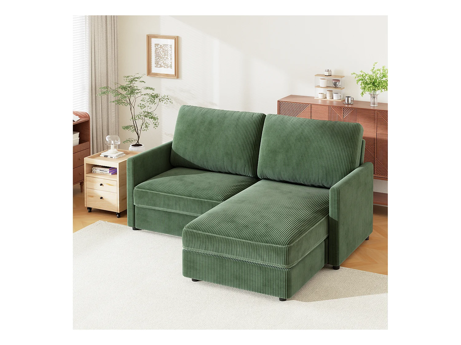 2 -Seer Ecksofa - Reversible Right / Linkswinkel - 180 x 140 x 86 cm - in geripptem Samtstoff - max. 300 kg Last - Grün