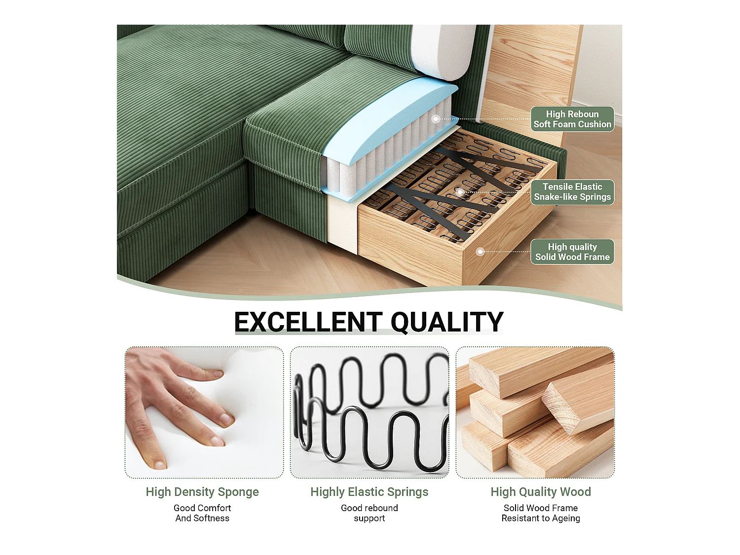 2 -Seer Ecksofa - Reversible Right / Linkswinkel - 180 x 140 x 86 cm - in geripptem Samtstoff - max. 300 kg Last - Grün