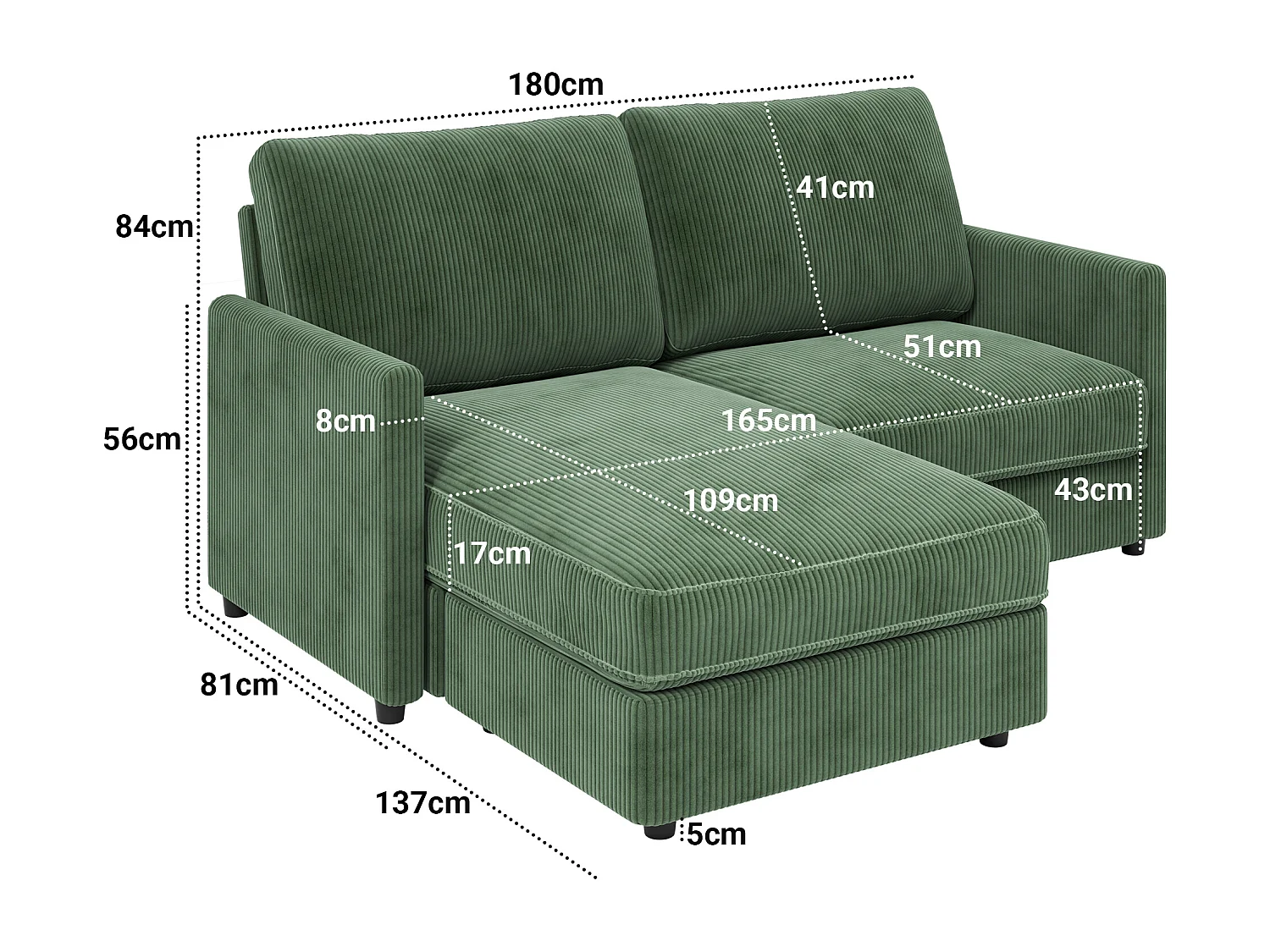 Canapé d'angle 2 places - angle droit / gauche réversible - 180x140x86cm - en Tissu Velours côtelé - Charge max 300kg - Vert