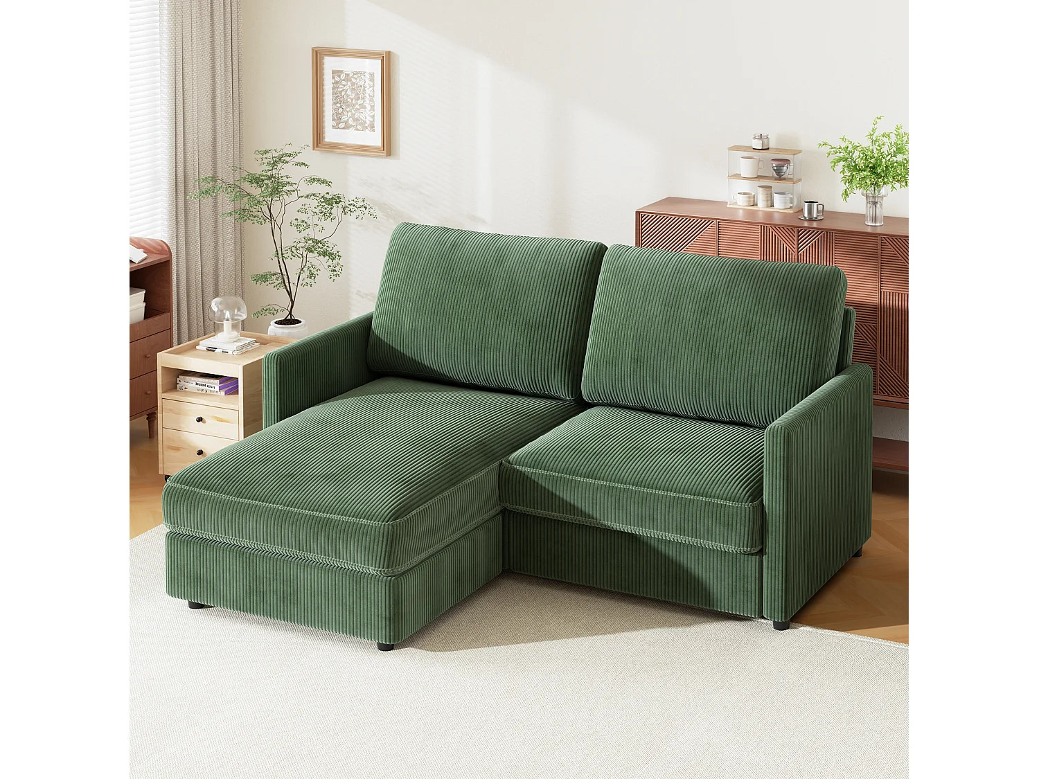 Canapé d'angle 2 places - angle droit / gauche réversible - 180x140x86cm - en Tissu Velours côtelé - Charge max 300kg - Vert