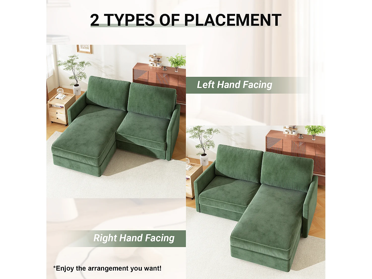 Canapé d'angle 2 places - angle droit / gauche réversible - 180x140x86cm - en Tissu Velours côtelé - Charge max 300kg - Vert