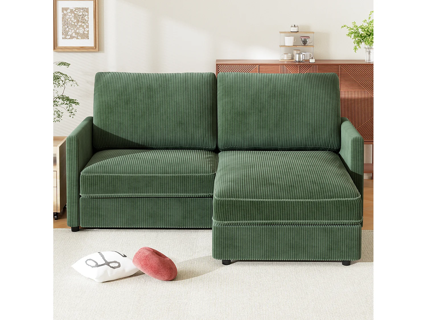 Sofá de canto de 2 -Sater - ângulo reversível para a direita / esquerda - 180x140x86cm - em tecido de veludo com nervuras - carga máxima de 300 kg - verde