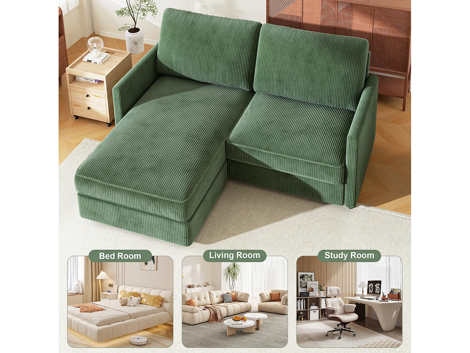 Sofá de canto de 2 -Sater - ângulo reversível para a direita / esquerda - 180x140x86cm - em tecido de veludo com nervuras - carga máxima de 300 kg - verde