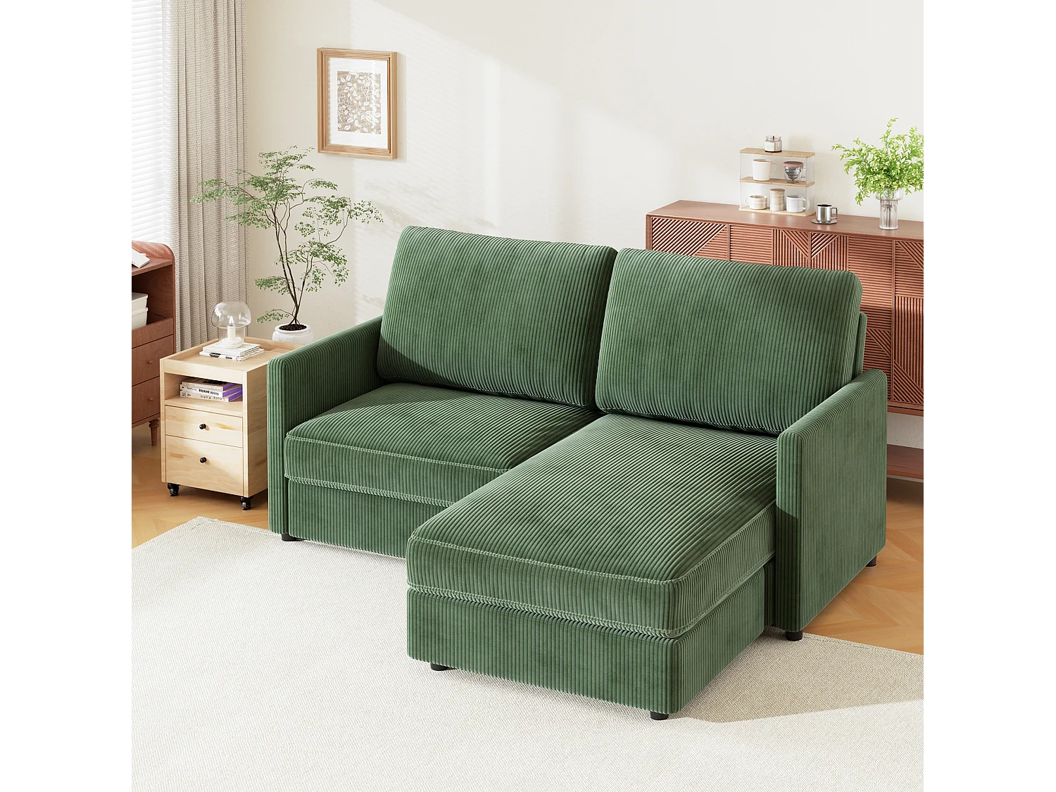 Sofá de canto de 2 -Sater - ângulo reversível para a direita / esquerda - 180x140x86cm - em tecido de veludo com nervuras - carga máxima de 300 kg - verde