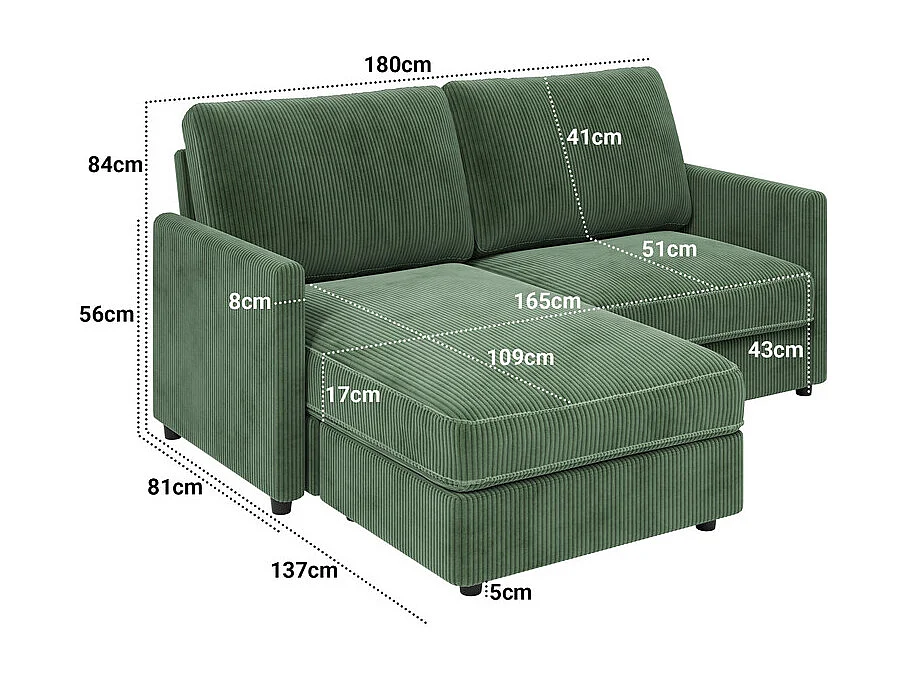 Canapé d'angle 2 places - angle droit / gauche réversible - 180x140x86cm - en Tissu Velours côtelé - Charge max 300kg - Vert
