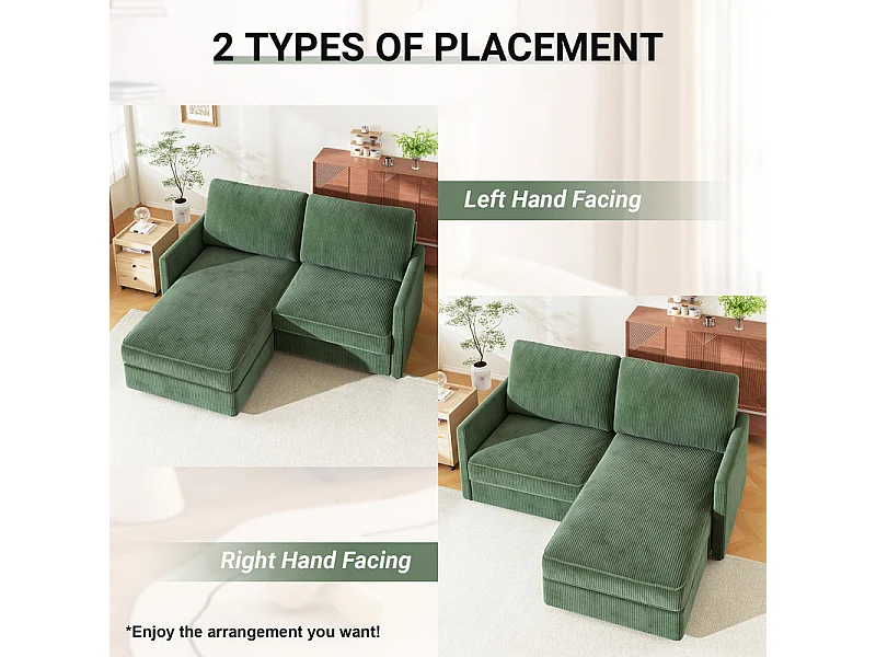 Canapé d'angle 2 places - angle droit / gauche réversible - 180x140x86cm - en Tissu Velours côtelé - Charge max 300kg - Vert