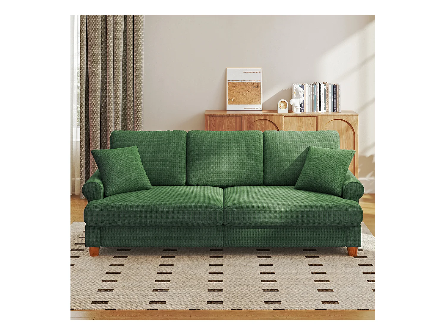 Canapé confort 3 places, Tissu en Chenille, avec accoudoirs,coussins et 2 oreillers, Charge max 365 kg - 220x76x86 cm