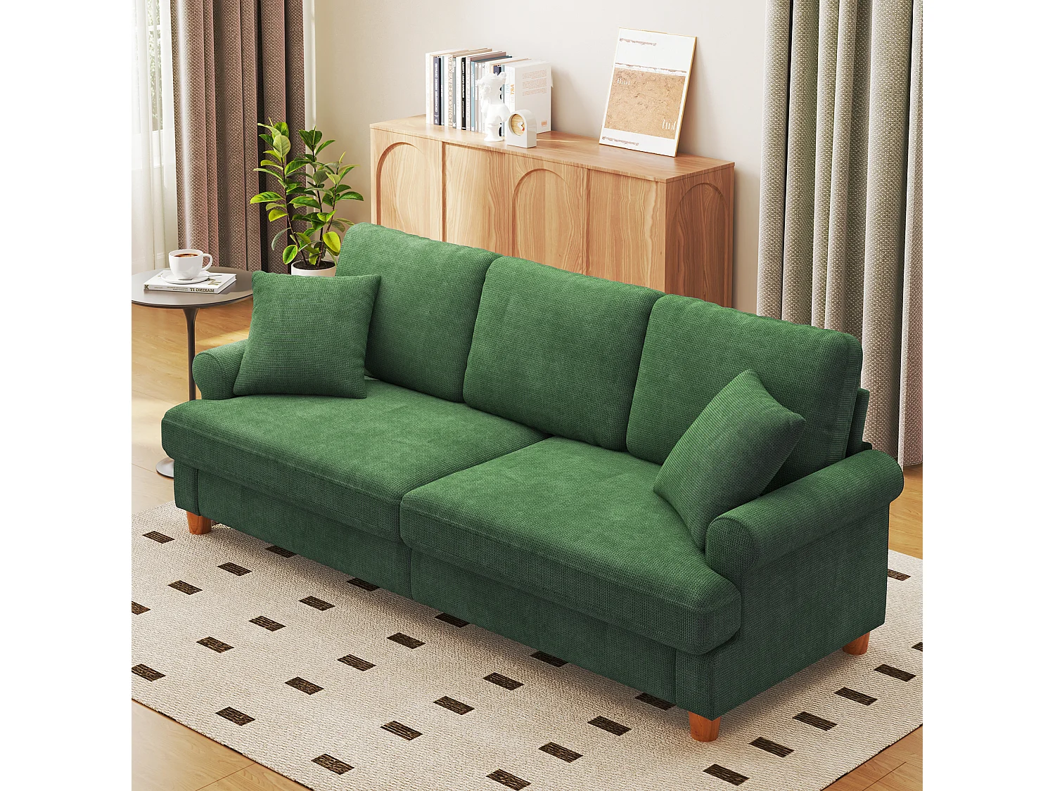Canapé confort 3 places, Tissu en Chenille, avec accoudoirs,coussins et 2 oreillers, Charge max 365 kg - 220x76x86 cm