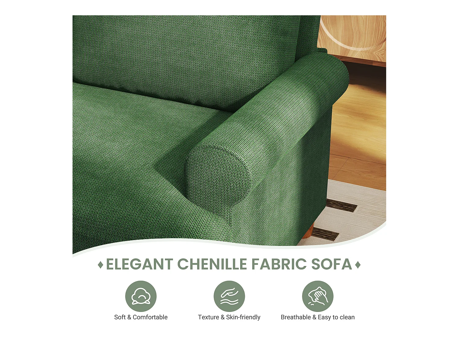 Canapé confort 3 places, Tissu en Chenille, avec accoudoirs,coussins et 2 oreillers, Charge max 365 kg - 220x76x86 cm