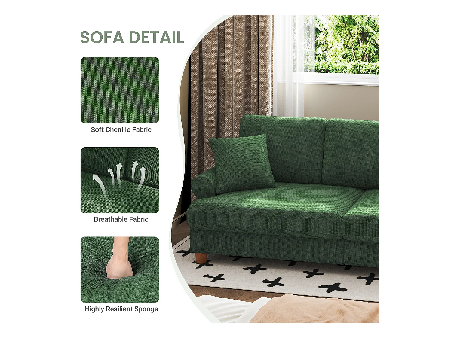 Canapé confort 3 places, Tissu en Chenille, avec accoudoirs,coussins et 2 oreillers, Charge max 365 kg - 220x76x86 cm