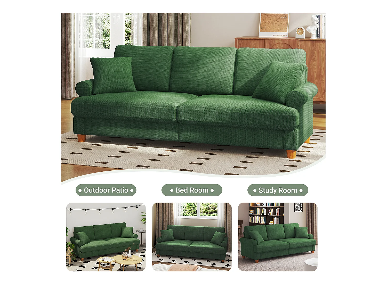 3-zits slaapbank, Chenille-stof, met armleuningen, kussens en 2 kussens, Max. belasting 300 kg - 220x76x86 cm