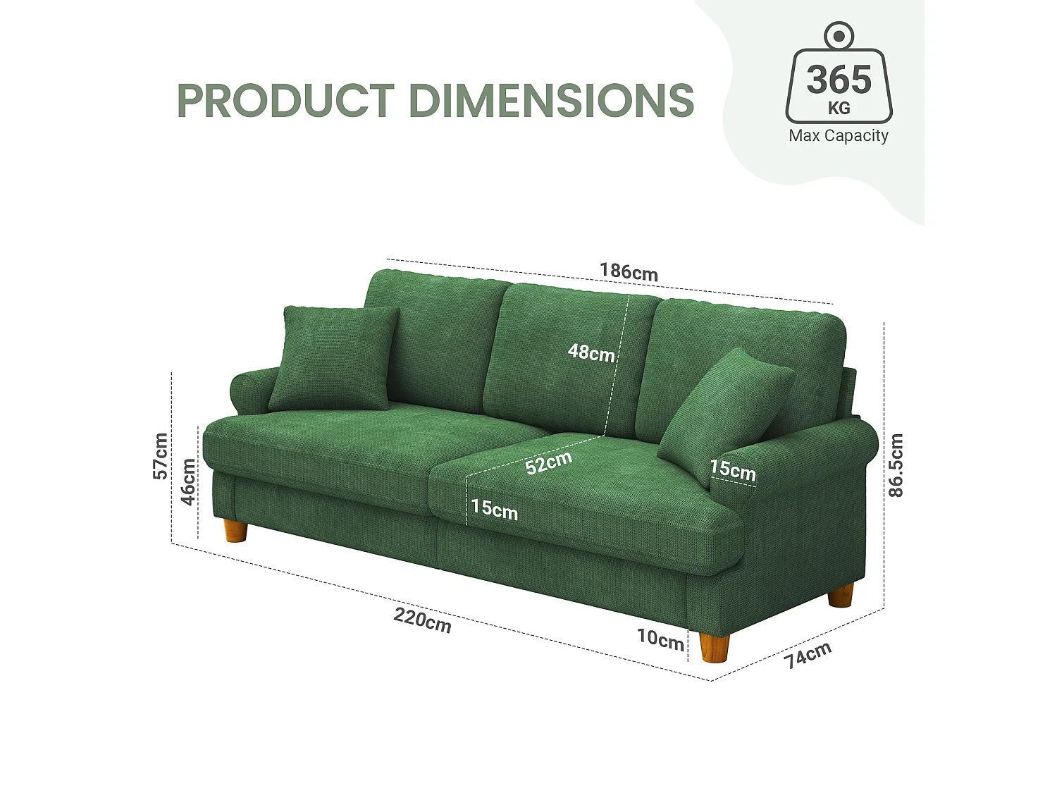 Canapé confort 3 places, Tissu en Chenille, avec accoudoirs,coussins et 2 oreillers, Charge max 365 kg - 220x76x86 cm