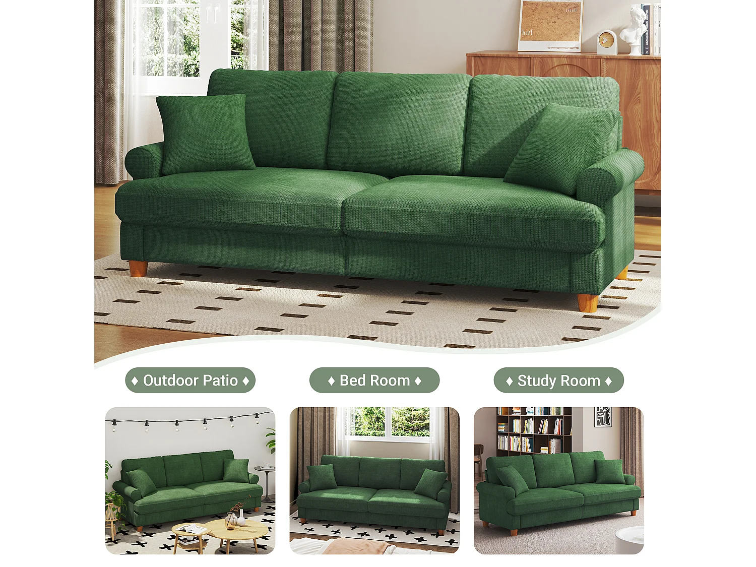 Canapé confort 3 places, Tissu en Chenille, avec accoudoirs,coussins et 2 oreillers, Charge max 365 kg - 220x76x86 cm