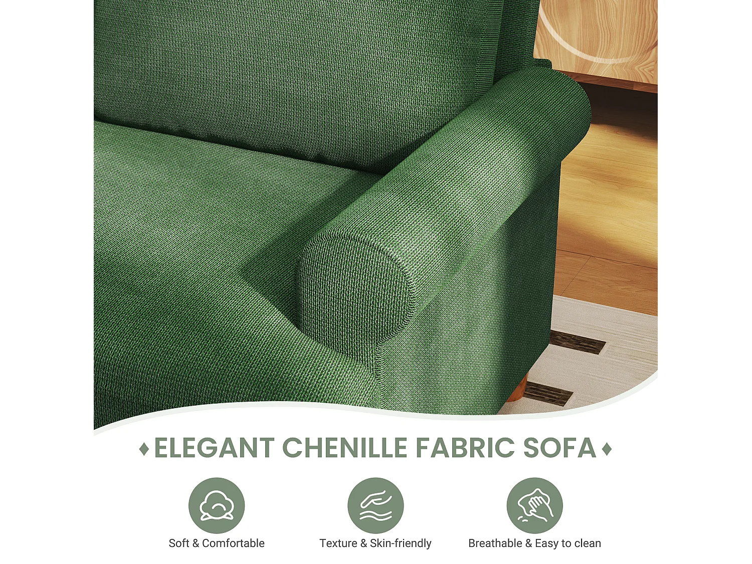 Canapé confort 3 places, Tissu en Chenille, avec accoudoirs,coussins et 2 oreillers, Charge max 365 kg - 220x76x86 cm