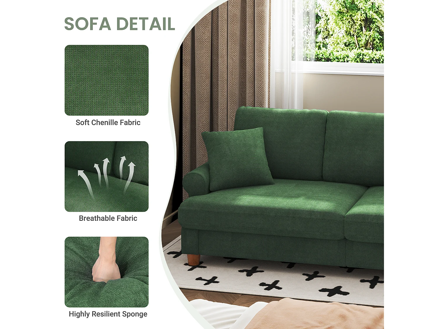 Canapé confort 3 places, Tissu en Chenille, avec accoudoirs,coussins et 2 oreillers, Charge max 365 kg - 220x76x86 cm