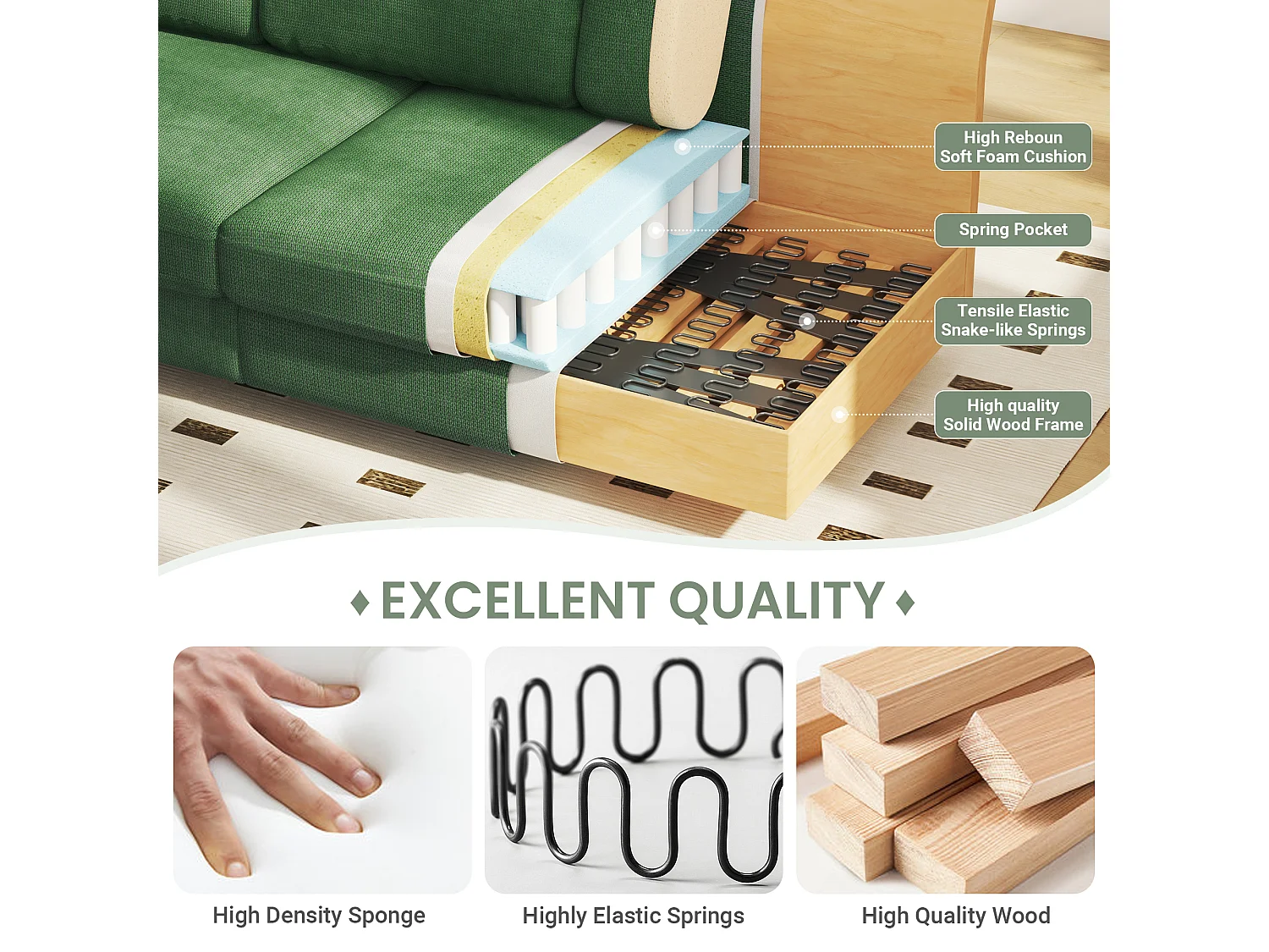 Canapé confort 3 places, Tissu en Chenille, avec accoudoirs,coussins et 2 oreillers, Charge max 365 kg - 220x76x86 cm