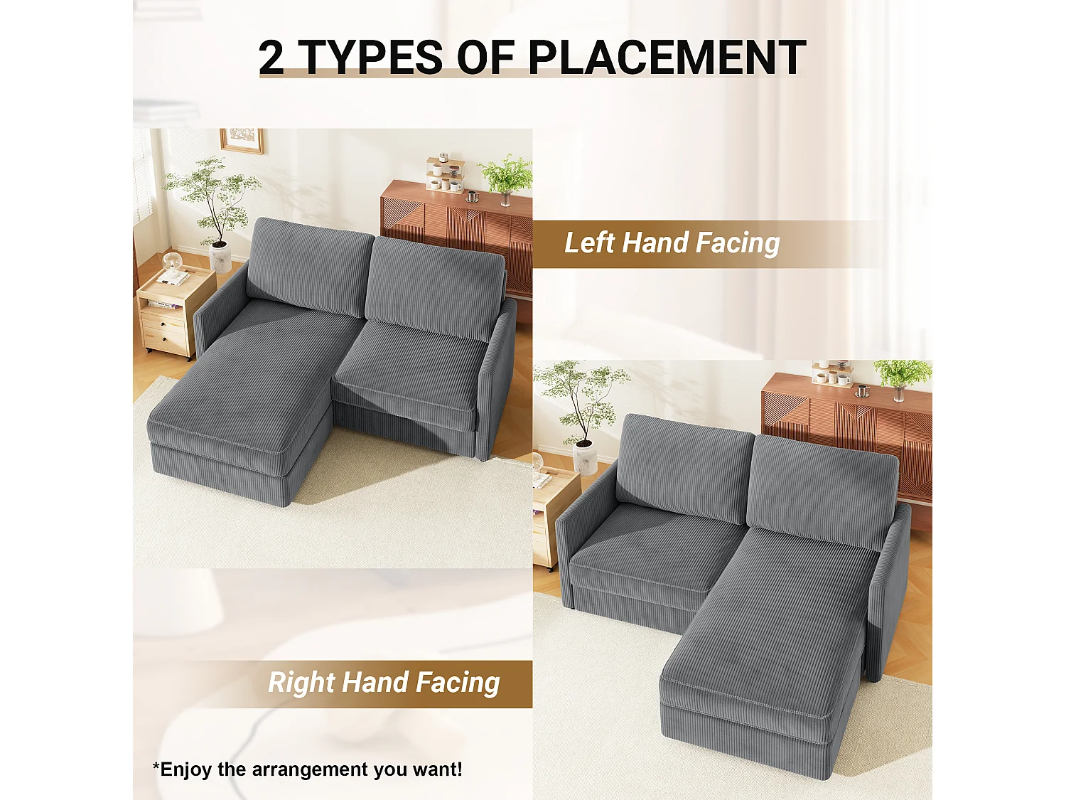 Divano angolare 2 posti - Angolo reversibile a destra / sinistra - 180x140x86cm - in tessuto in velluto a coste - carico massimo da 300 kg - grigio antracite