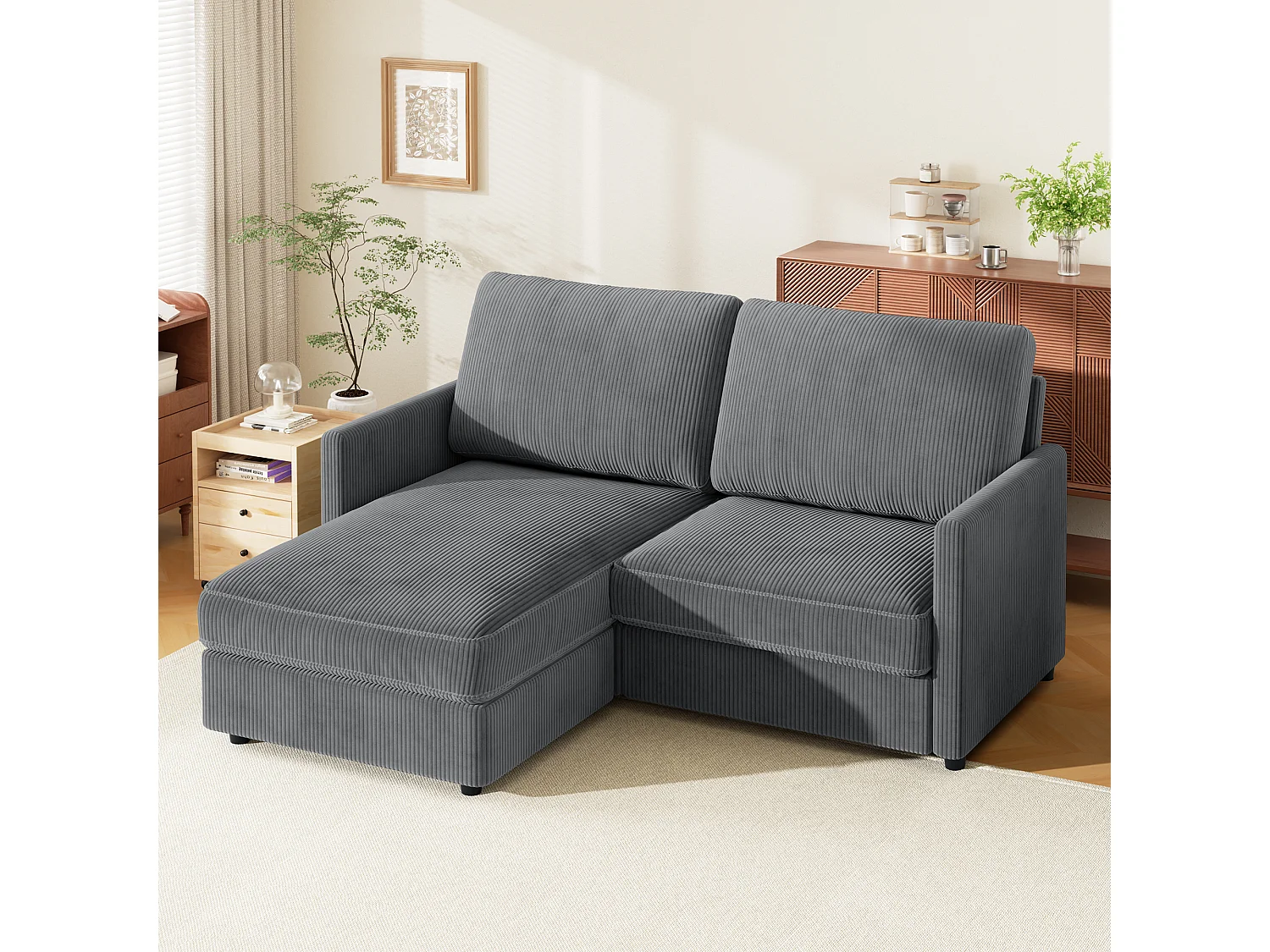 Divano angolare 2 posti - Angolo reversibile a destra / sinistra - 180x140x86cm - in tessuto in velluto a coste - carico massimo da 300 kg - grigio antracite