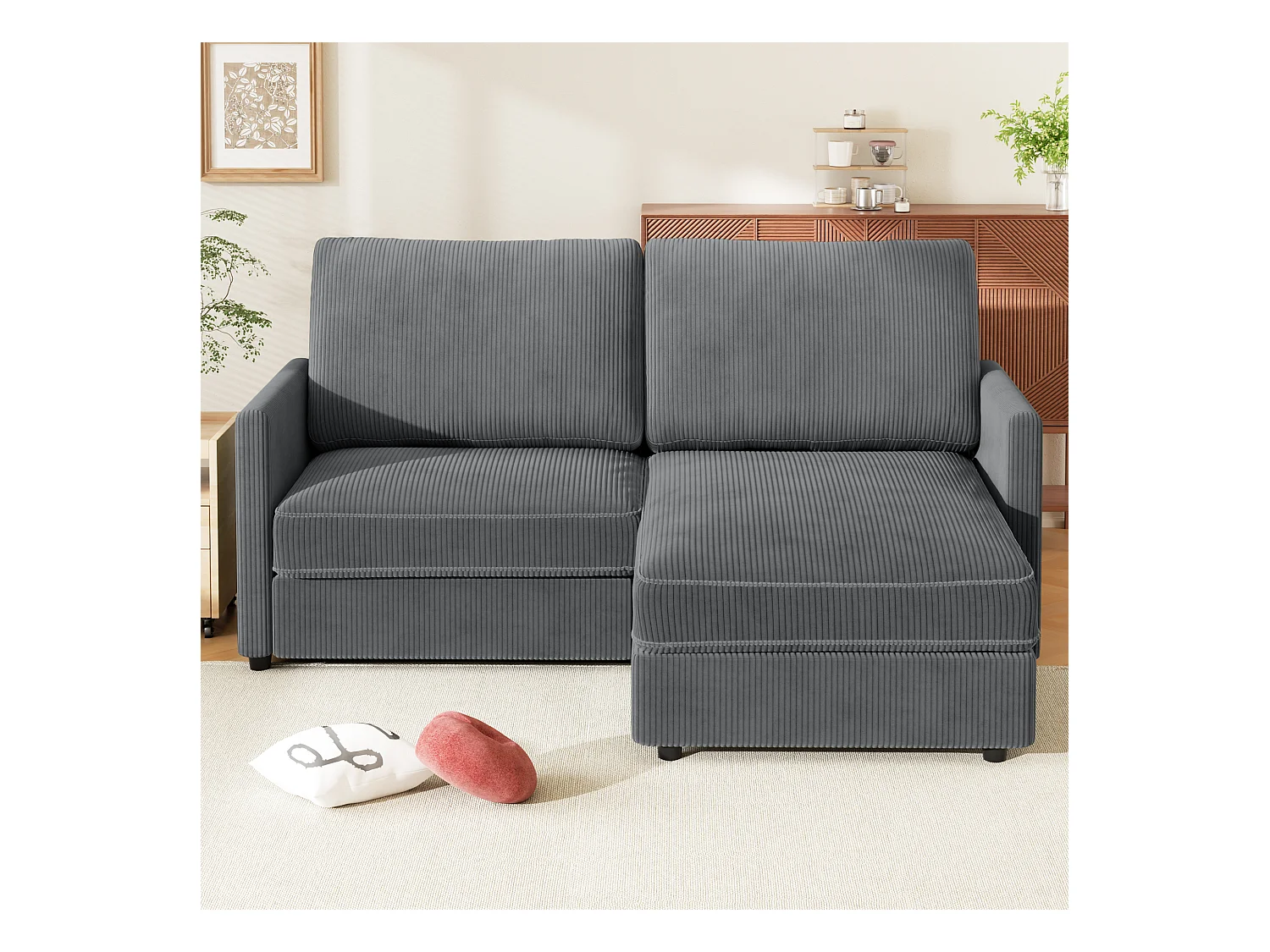 Sofá de esquina de 2 salas - ángulo reversible derecho / izquierda - 180x140x86cm - en tela de terciopelo acanalado - carga máxima de 300 kg - gris antracita