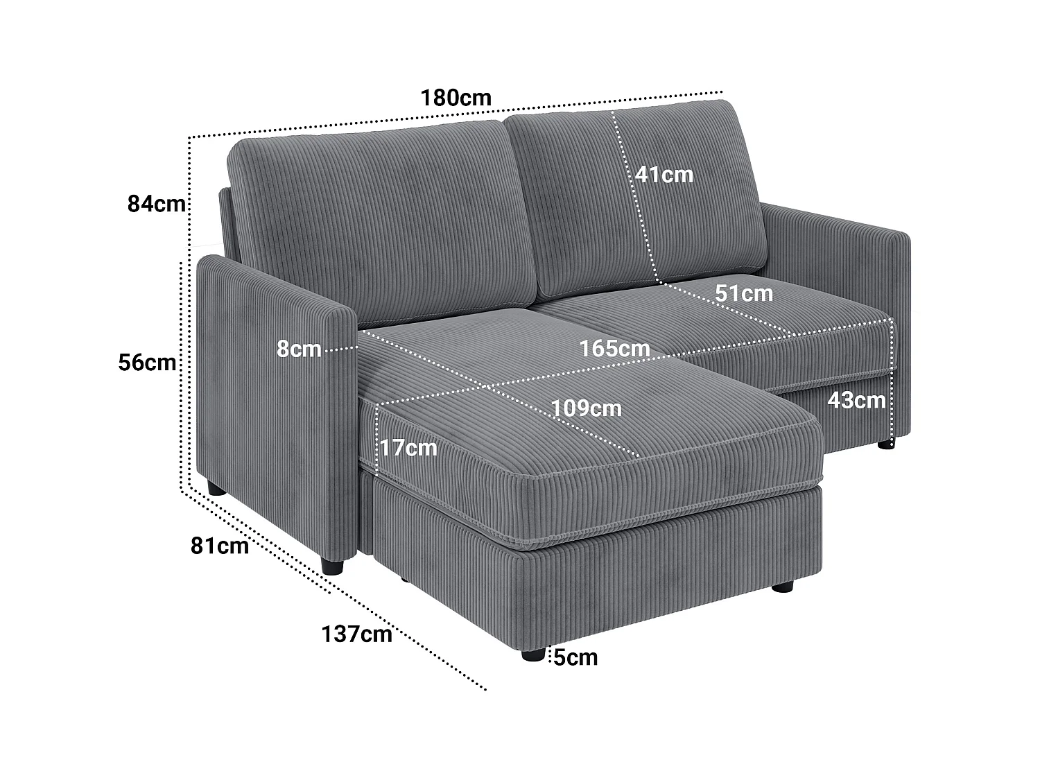 Canapé d'angle 2 places - angle droit / gauche réversible - 180x140x86cm - en Tissu Velours côtelé - Charge max 300kg - Gris anthracite