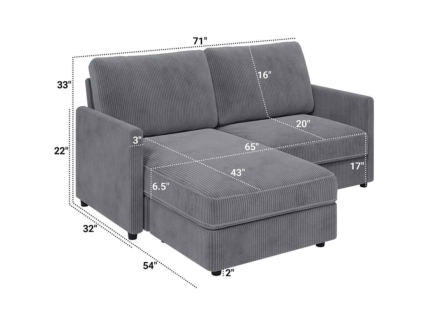 Canapé d'angle 2 places - angle droit / gauche réversible - 180x140x86cm - en Tissu Velours côtelé - Charge max 300kg - Gris anthracite